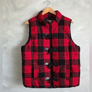 Ruff Hewn Women's Puffer Wool Blend Vest Jacket Buffalo Plaid Check Red Black XL